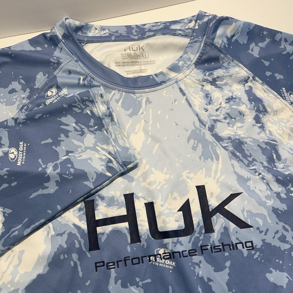 Huk Fishing Shirt Mens XL Blue Mossy Oak Hydro Camo Long Sleeve Performance Tee